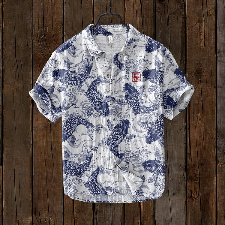 Ogie - Camisa Casual con Diseño Artístico de Peces para Hombre