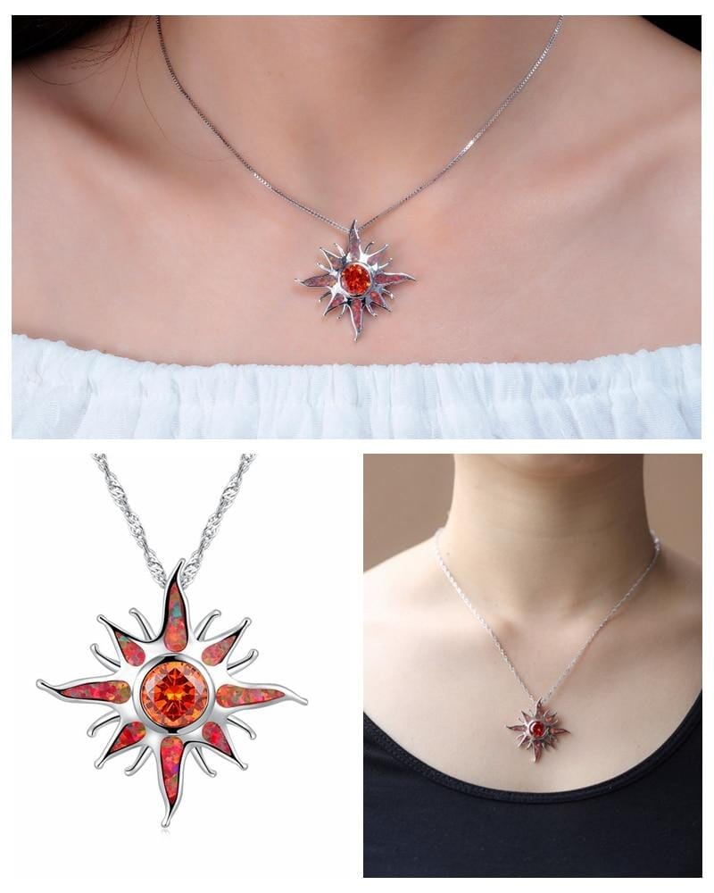 Yani – Collar con colgante de rayo de sol de ópalo de fuego y granate