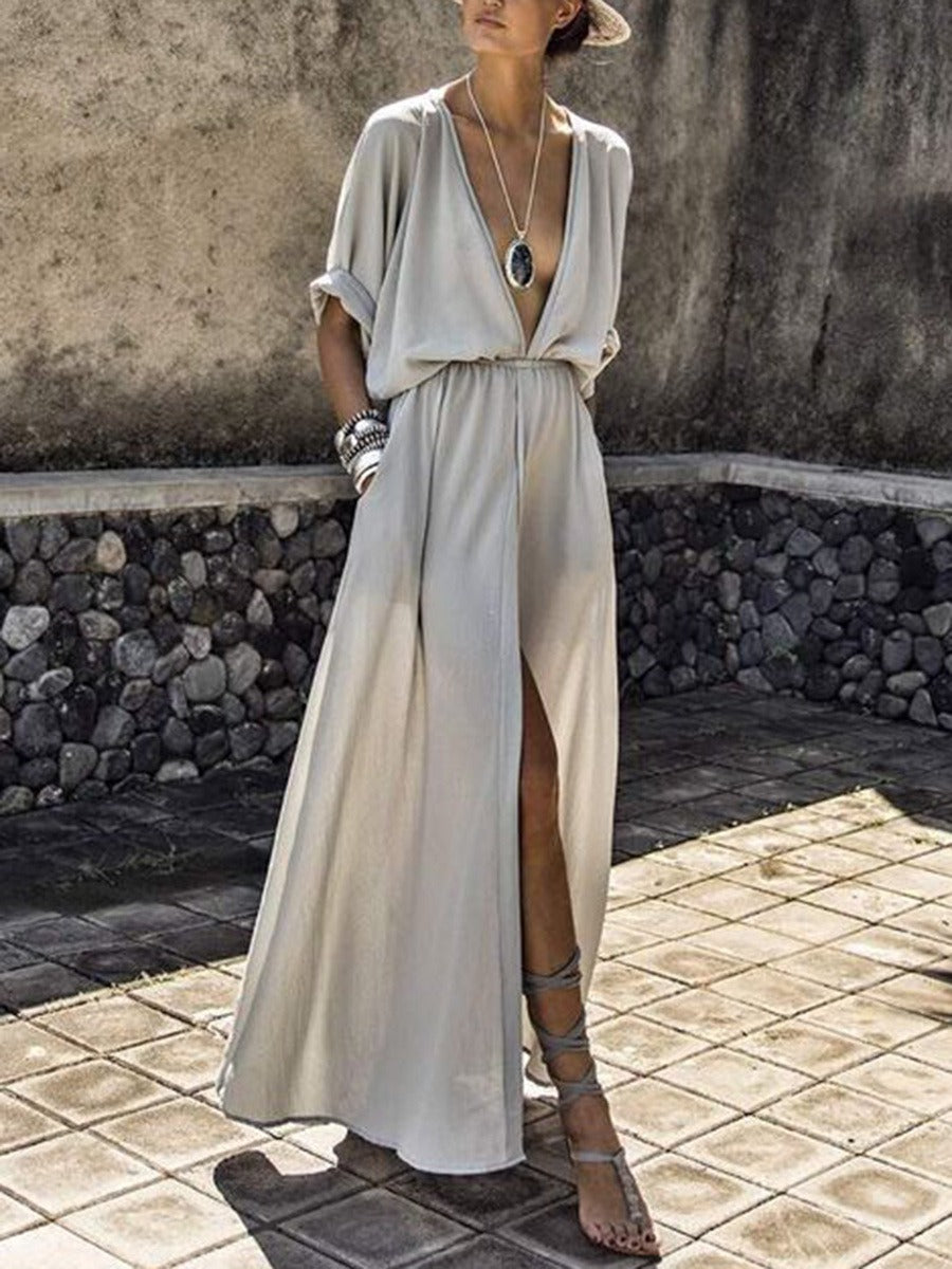 Nicole - Elegante Vestido Largo Fluido con Audaz Abertura Lateral