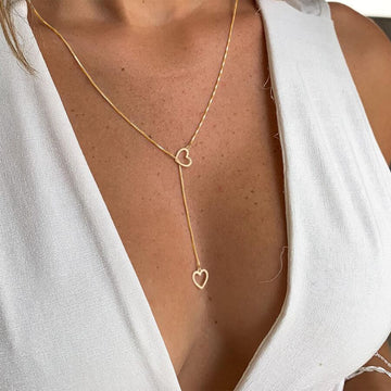 Collar de gotas de corazón - Collar de gotas doradas con 2 corazones