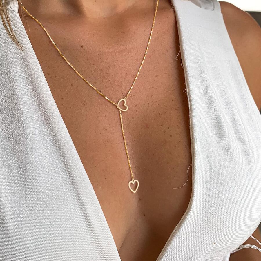 Collar de gotas de corazón - Collar de gotas doradas con 2 corazones
