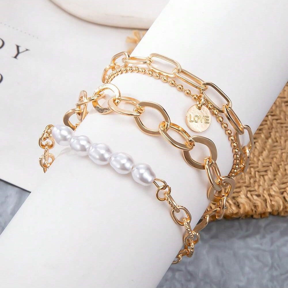 Conjunto de pulsera de perlas doradas de 3 piezas - gran juego de cadenas