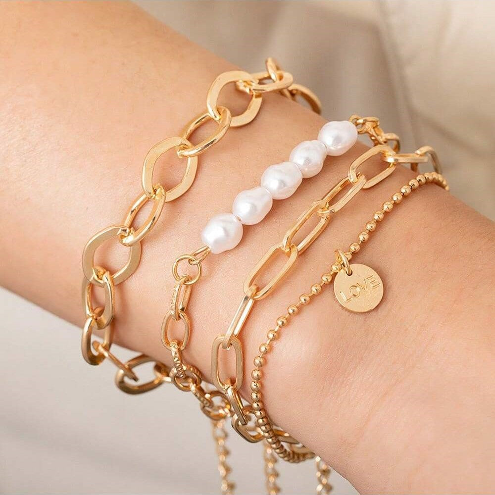 Conjunto de pulsera de perlas doradas de 3 piezas - gran juego de cadenas