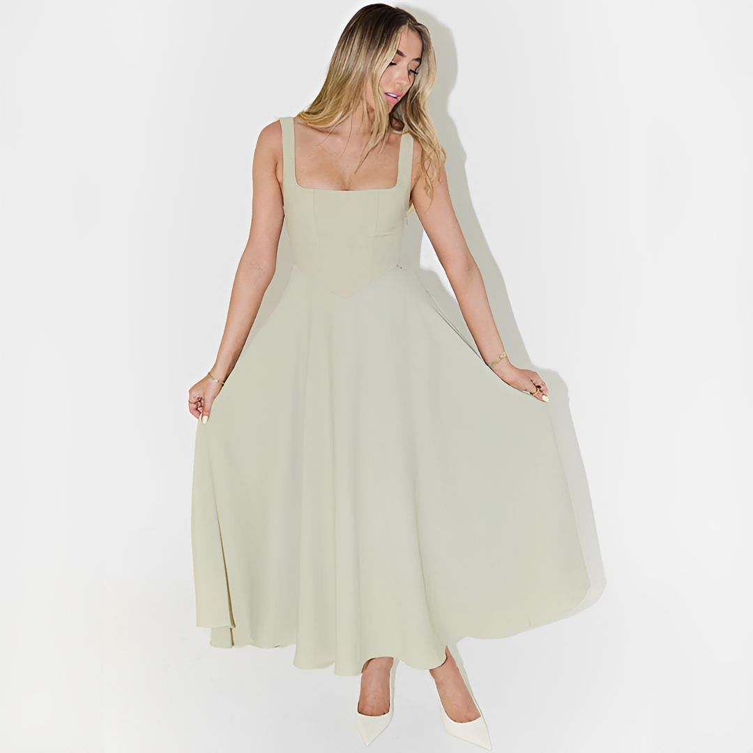 Fioren - Elegante Vestido Midi con Cuello Cuadrado