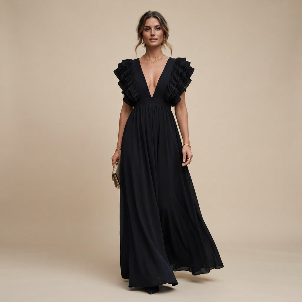Zhallie - Vestido Maxi Elegante con Mangas de Volantes