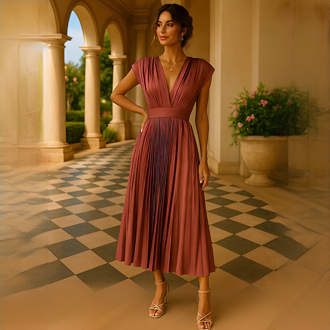 Elvira - Elegante Vestido Midi con Pliegues y Cuello en V