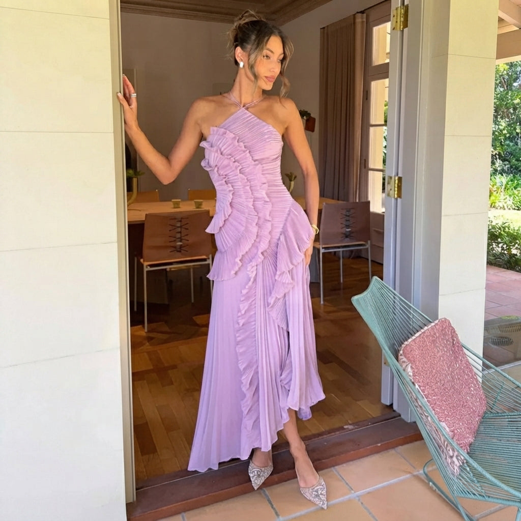 Khatereh - Vestido Midi Elegante con Volantes y Cuello Halter
