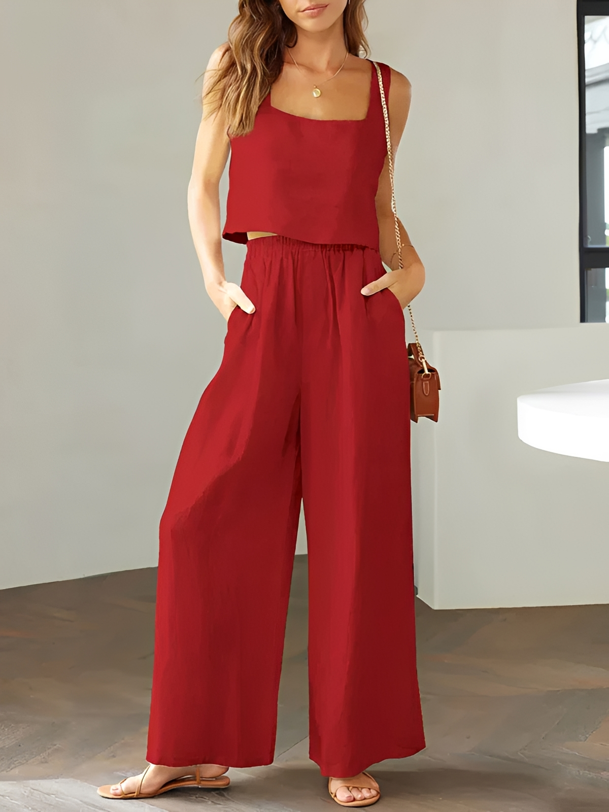 Pia - Conjunto de Ocio con Tops de Cuello Cuadrado y Pantalones