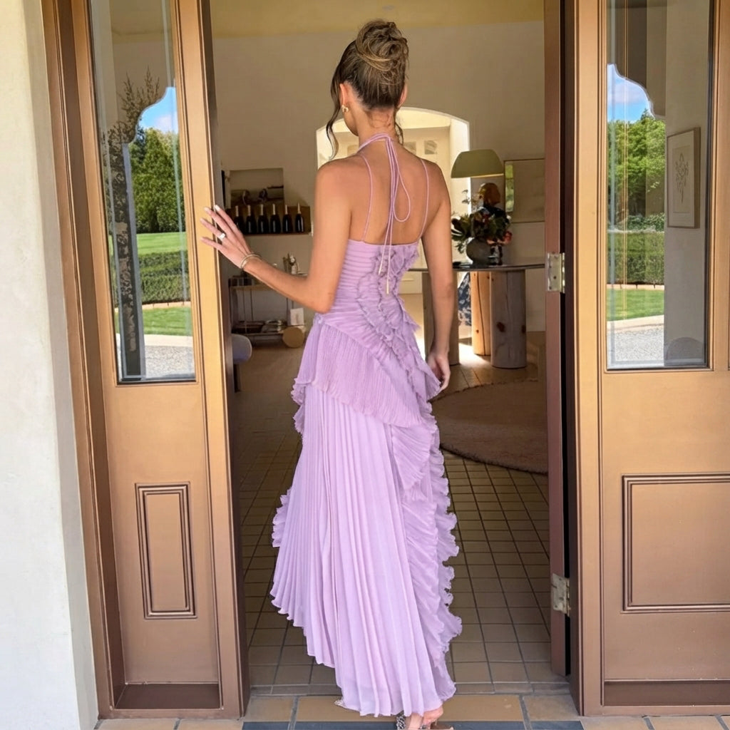 Khatereh - Vestido Midi Elegante con Volantes y Cuello Halter