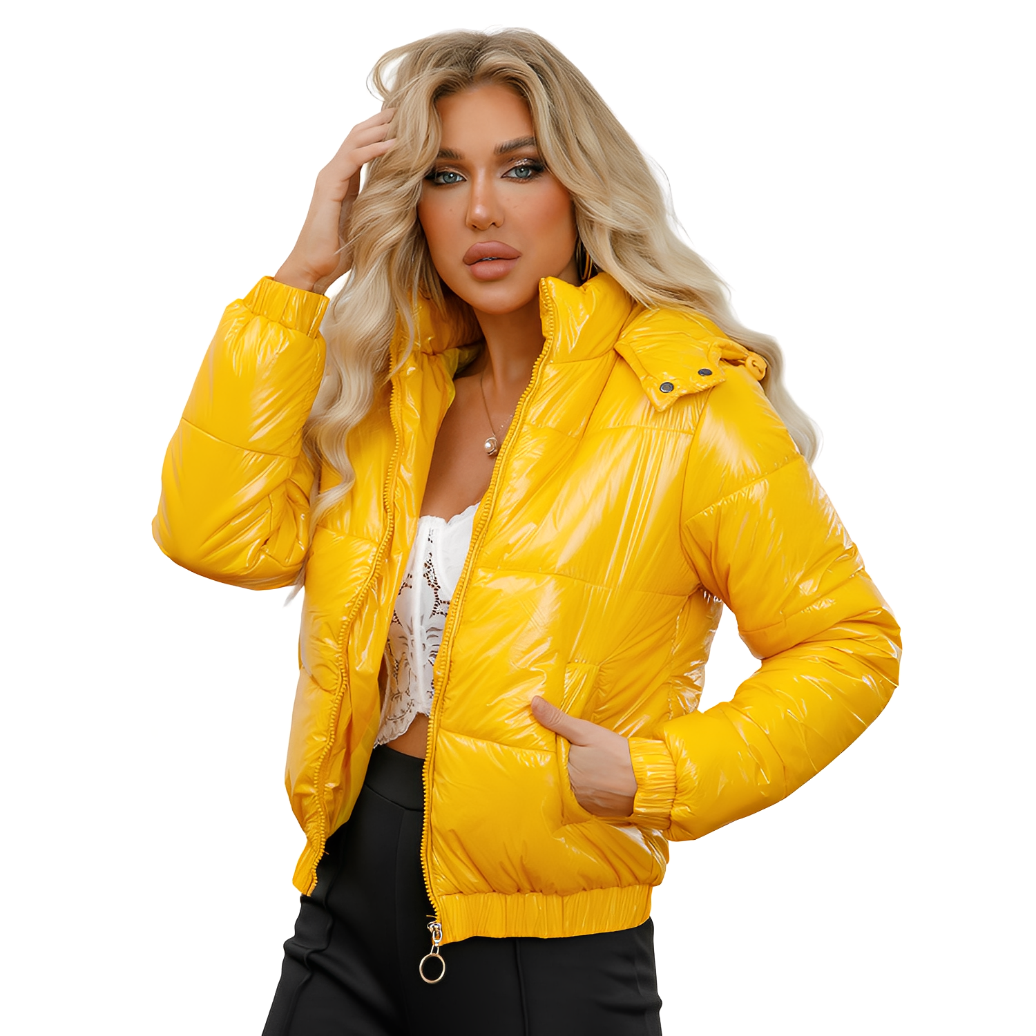 Yazmin - Una chaqueta gruesa y brillante para damas con capucha