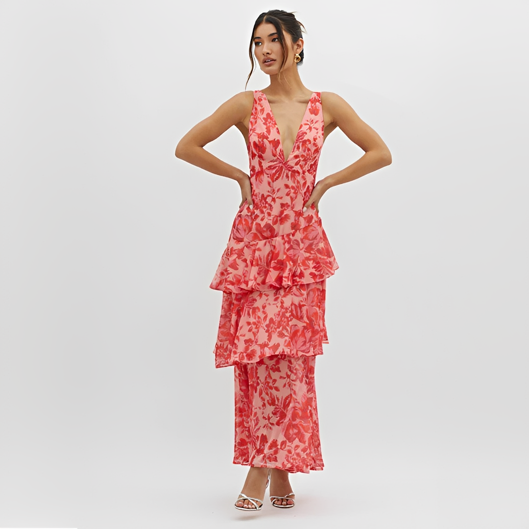 Faye - Vestido Elegante Fluido Sin Espalda con Cuello en V