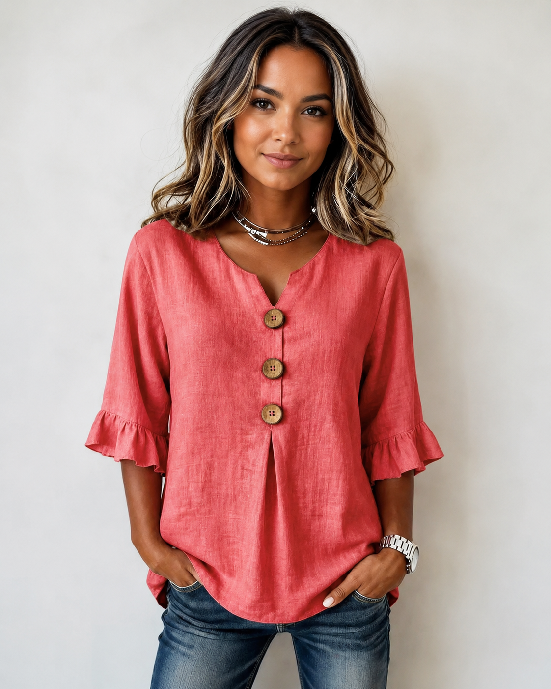 Glenda - Blusa con Botones y Cuello en V Elegante