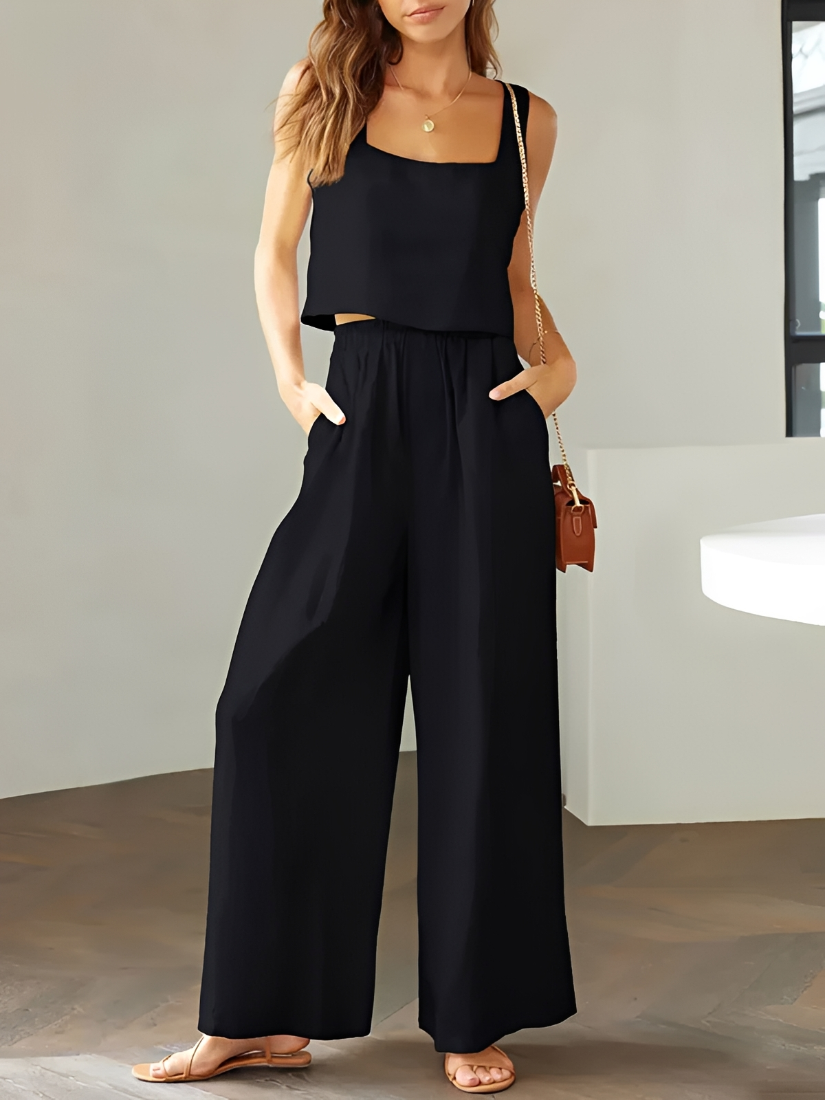 Pia - Conjunto de Ocio con Tops de Cuello Cuadrado y Pantalones