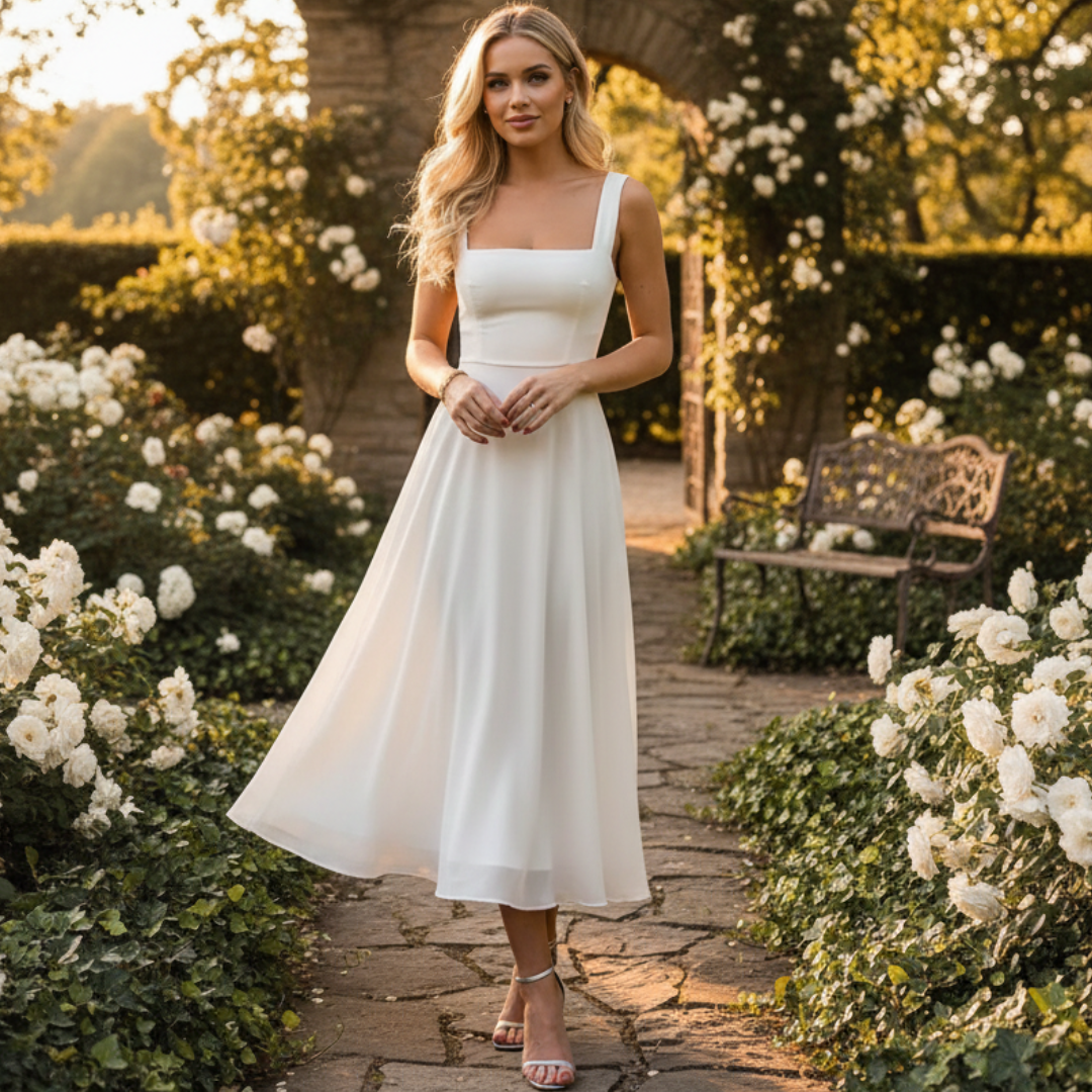 Daniela - Vestido Midi Sofisticado con Cuello Cuadrado