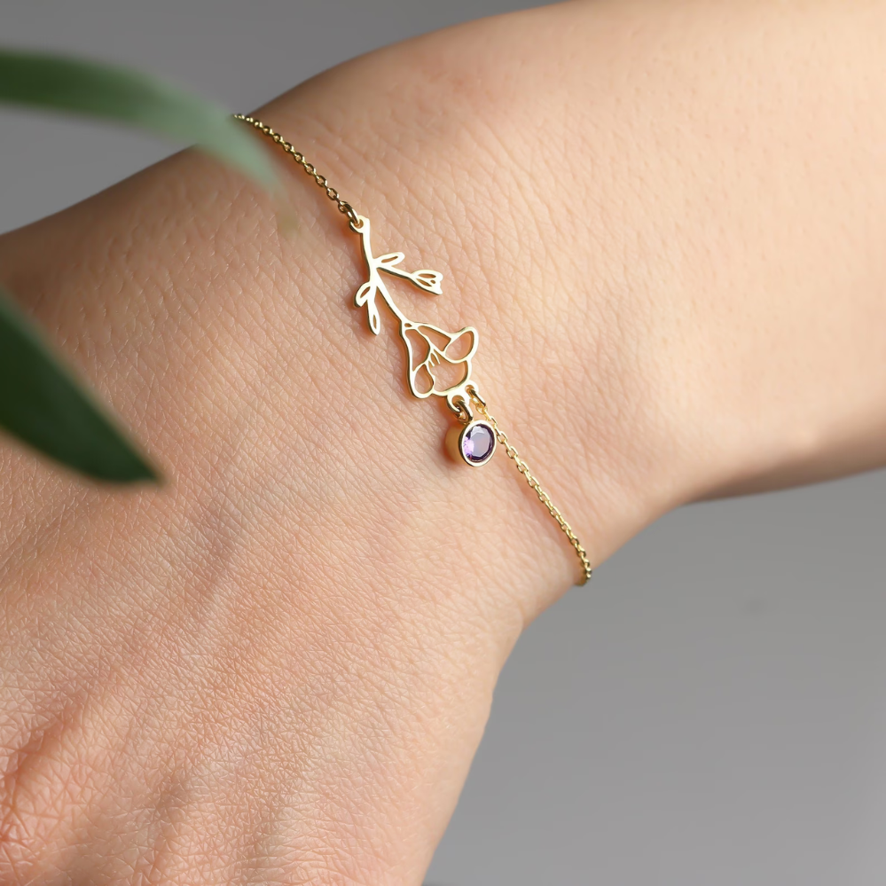 Pulsera de Flor de Cumpleaños - Pulsera con Piedra de Nacimiento y Flor