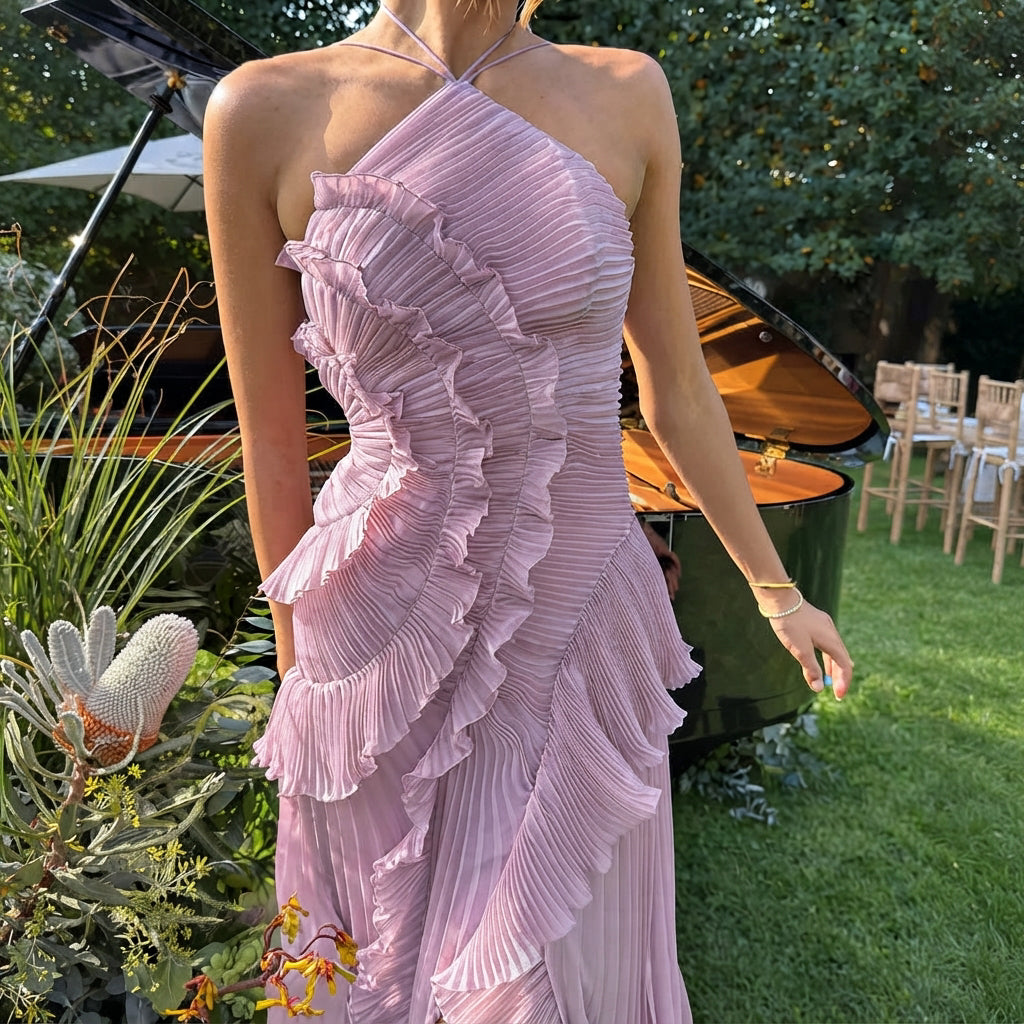 Khatereh - Vestido Midi Elegante con Volantes y Cuello Halter