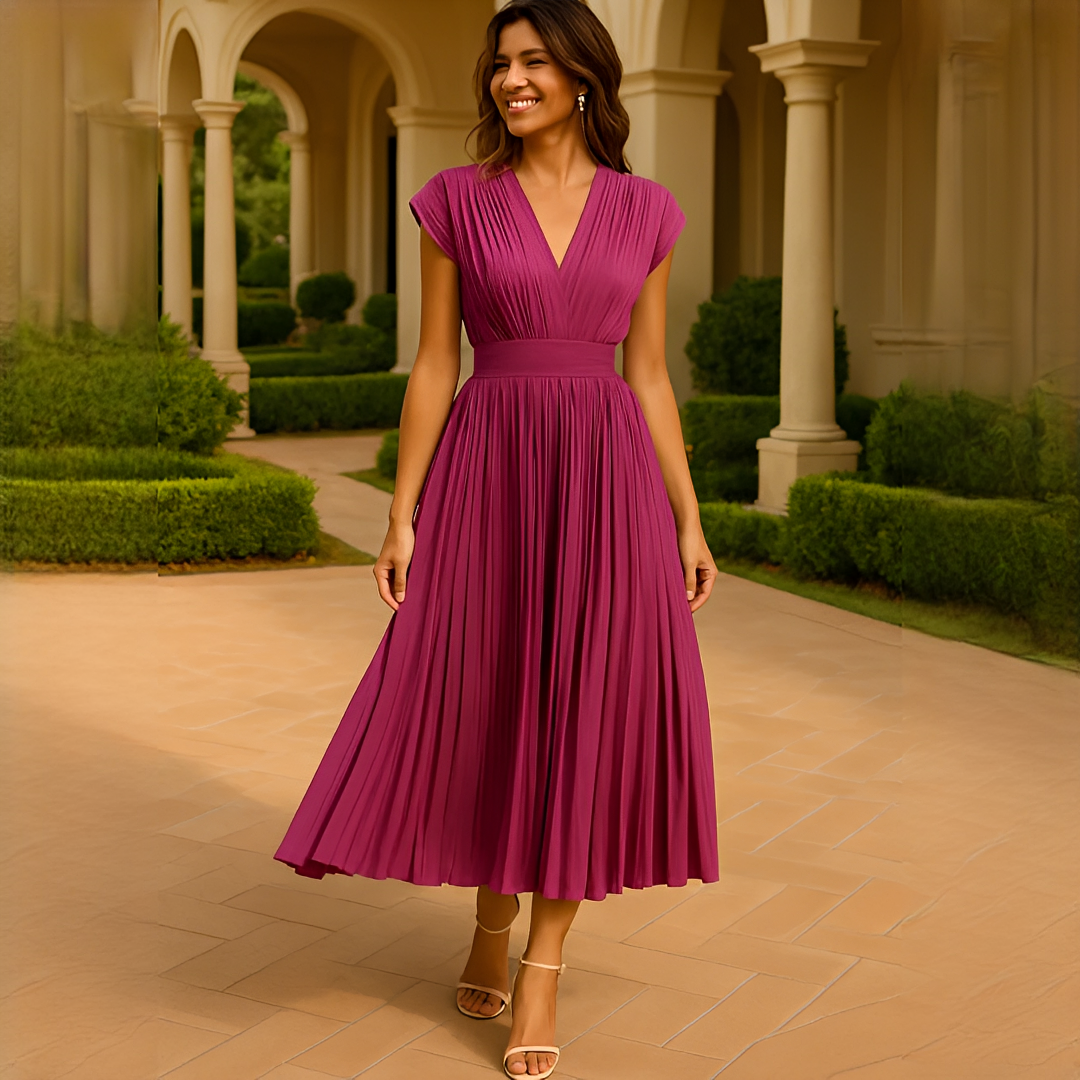 Elvira - Elegante Vestido Midi con Pliegues y Cuello en V