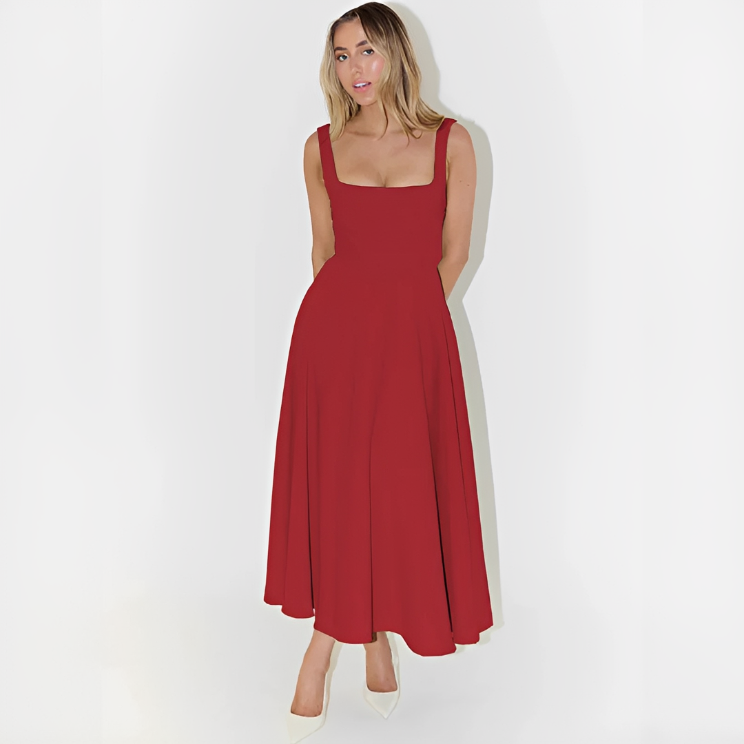 Fioren - Elegante Vestido Midi con Cuello Cuadrado