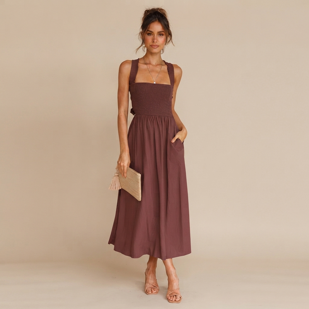 Lena - Vestido Midi Elegante con Cuello Cuadrado