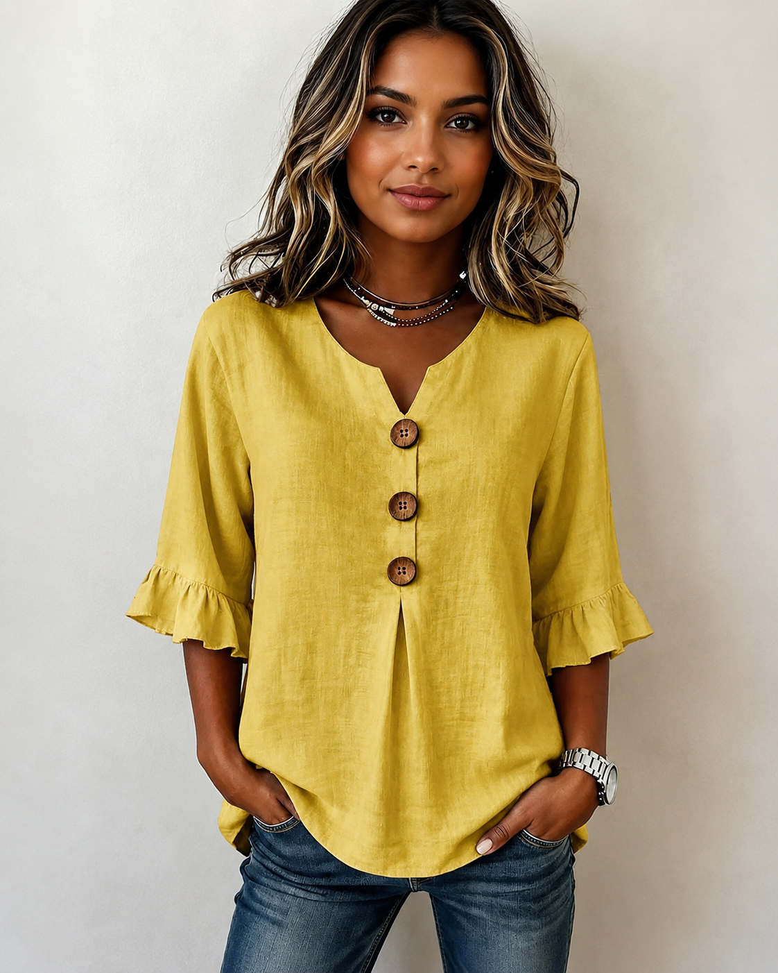 Glenda - Blusa con Botones y Cuello en V Elegante