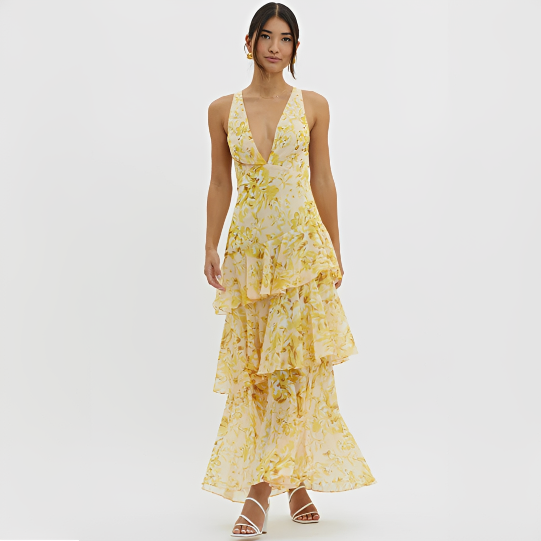 Faye - Vestido Elegante Fluido Sin Espalda con Cuello en V
