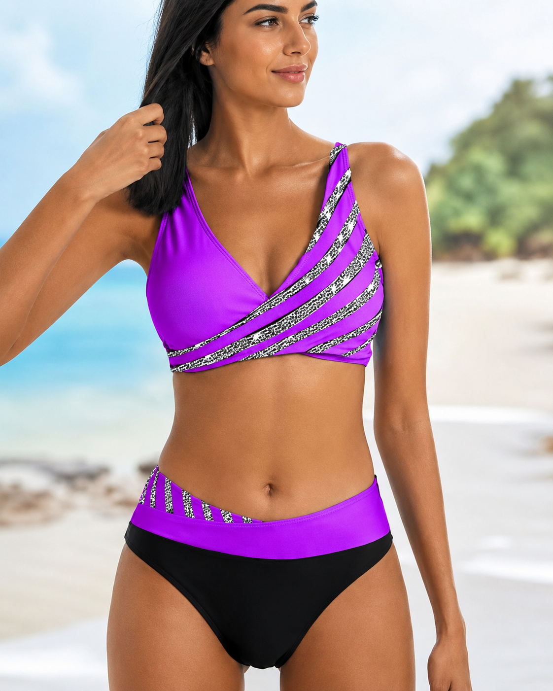 Deliana - Conjunto de Bikini de Rayas Estiloso de Dos Piezas