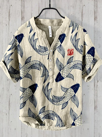 Ogie - Camisa Casual con Diseño Artístico de Peces para Hombre