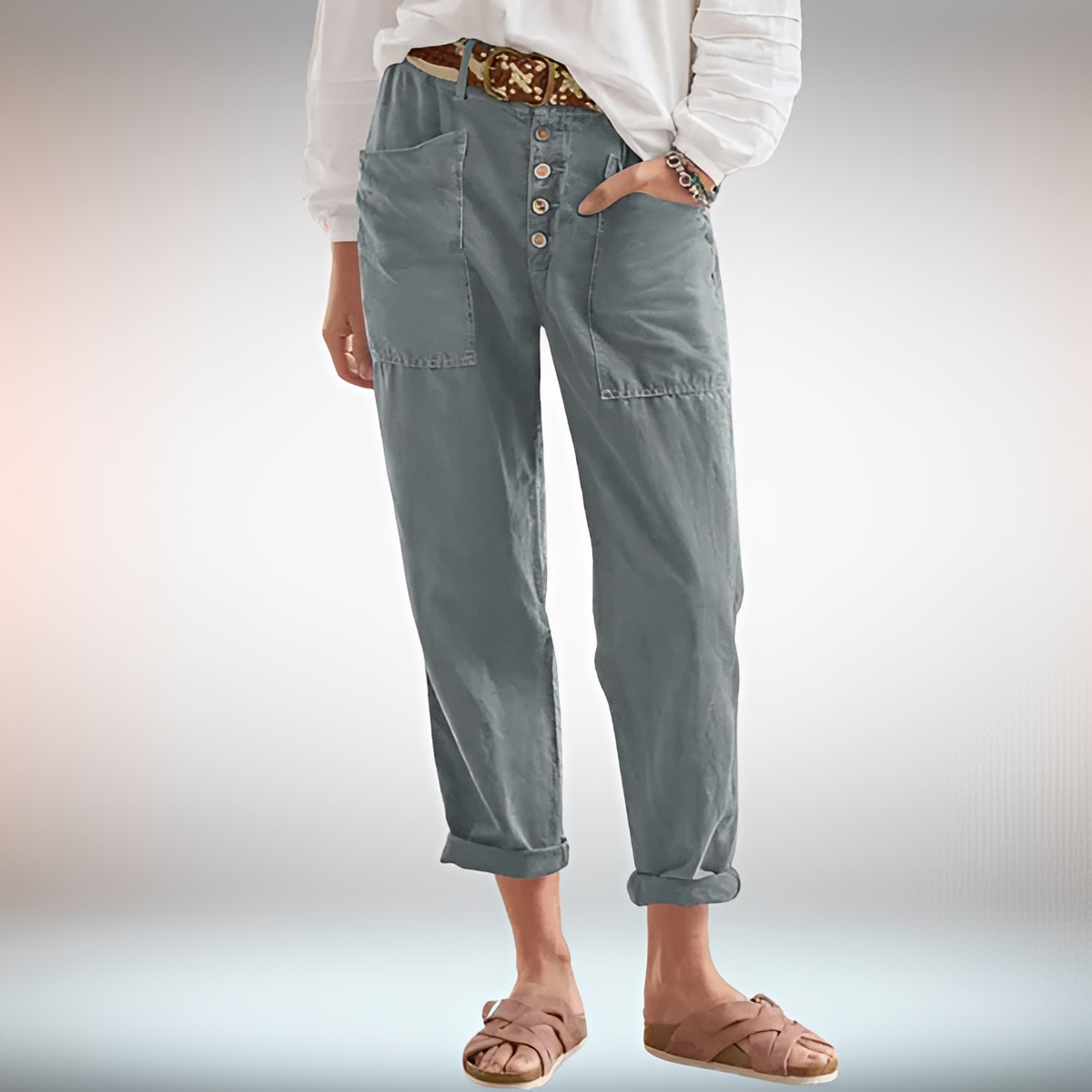 Rhonwen - Pantalones Estilosos con Botones y Corte Suelto