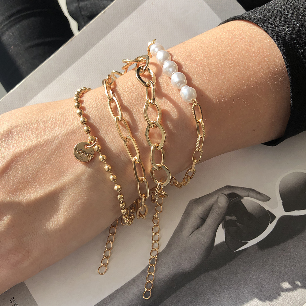 Conjunto de pulsera de perlas doradas de 3 piezas - gran juego de cadenas