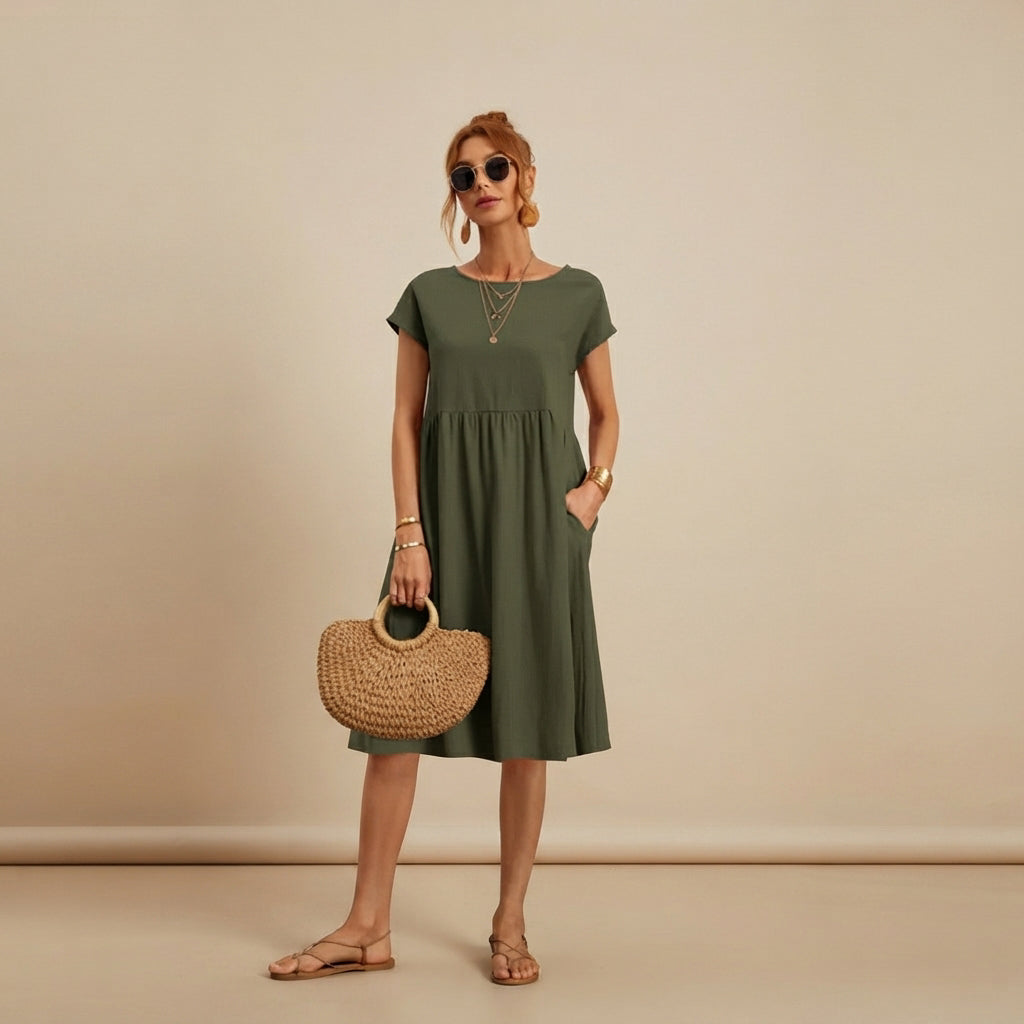 Shamzi - Vestido Midi Elegante con Cuello Redondo