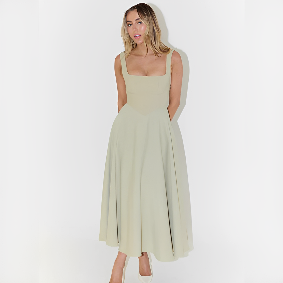 Fioren - Elegante Vestido Midi con Cuello Cuadrado