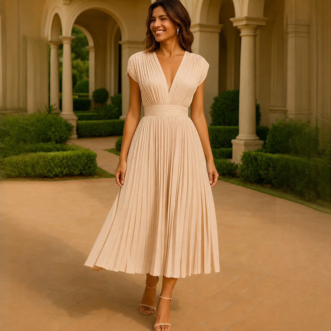 Elvira - Elegante Vestido Midi con Pliegues y Cuello en V