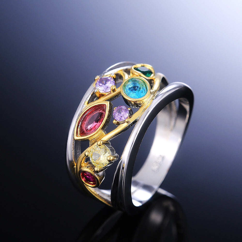 Zelina – Anillo vintage bicolor con brillantes circonitas multicolores