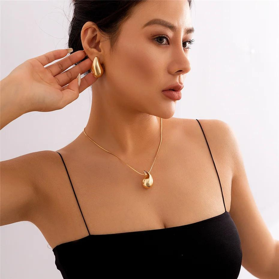 Collar de gotas de agua de gran tamaño - Collar dorado con colgante de gota de agua