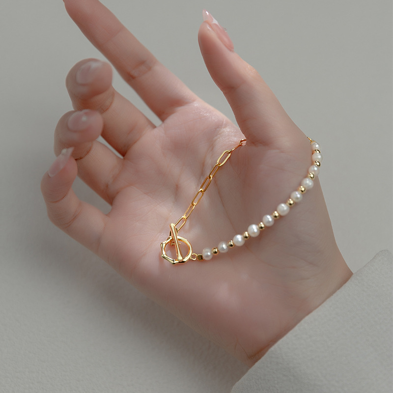 Pulsera de perlas a medio lado - Pulsera de perlas mitad y mitad
