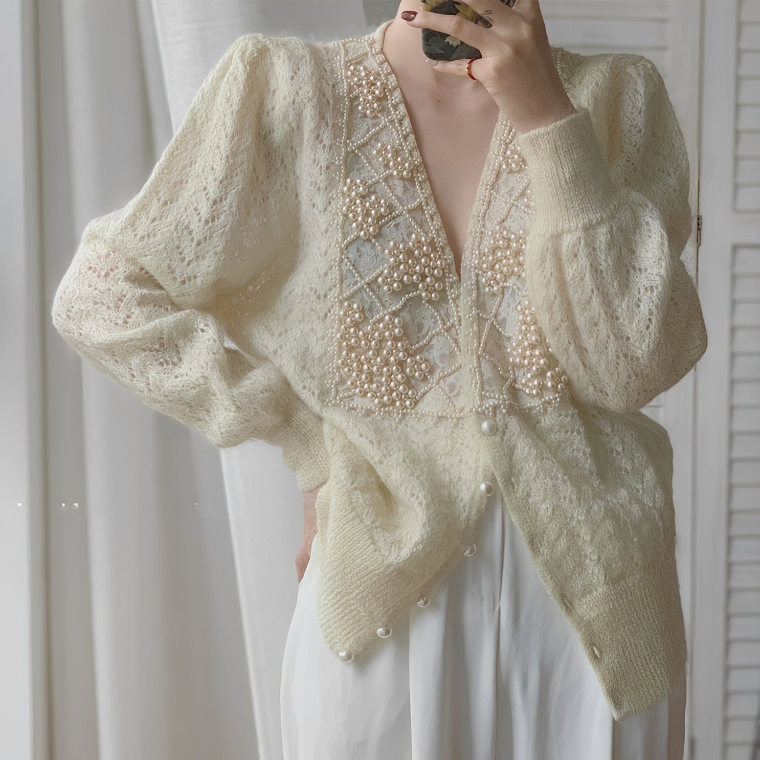 Rachael - Cárdigan elegante de manga larga con adornos de perlas para damas