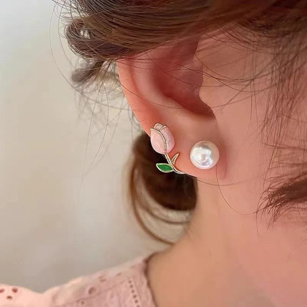Pendientes de perlas de tulipanes - Pendientes de perlas de flores violetas