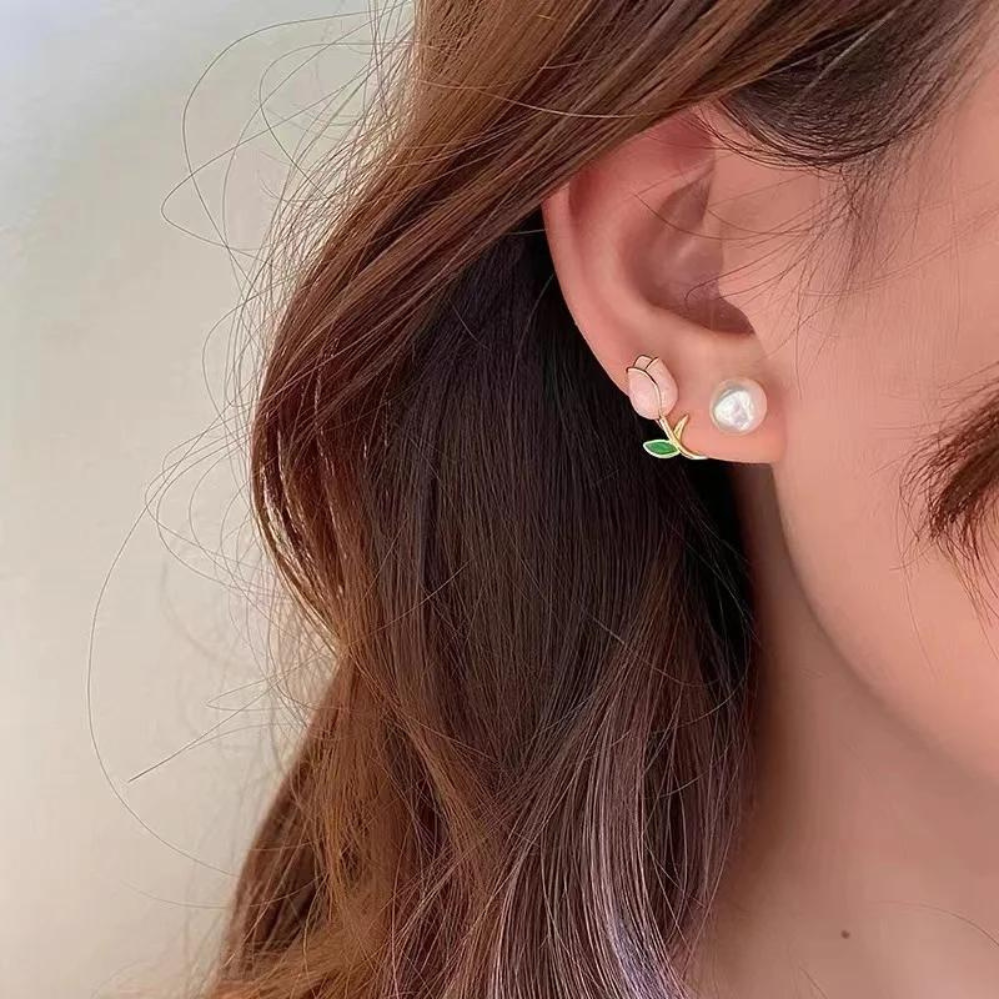 Pendientes de perlas de tulipanes - Pendientes de perlas de flores violetas