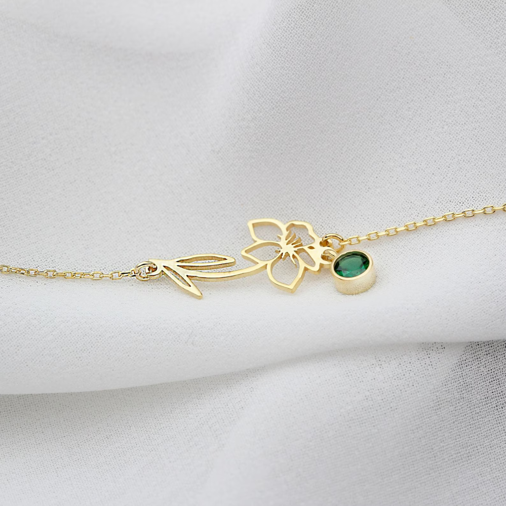 Pulsera de Flor de Cumpleaños - Pulsera con Piedra de Nacimiento y Flor