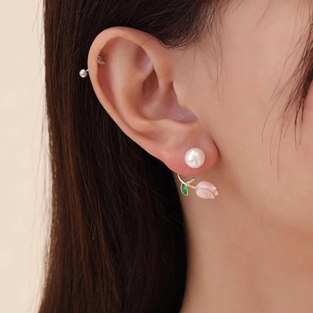 Pendientes de perlas de tulipanes - Pendientes de perlas de flores violetas