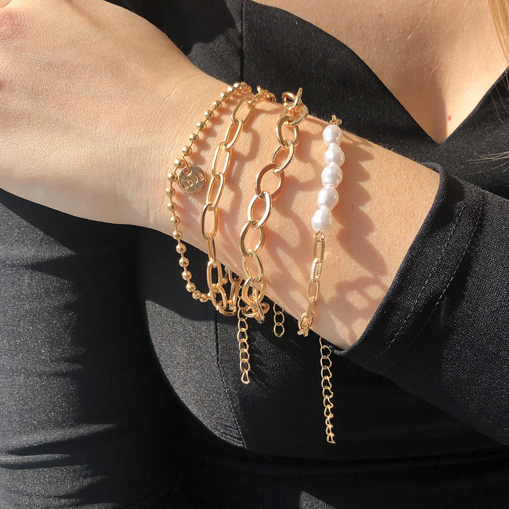 Conjunto de pulsera de perlas doradas de 3 piezas - gran juego de cadenas