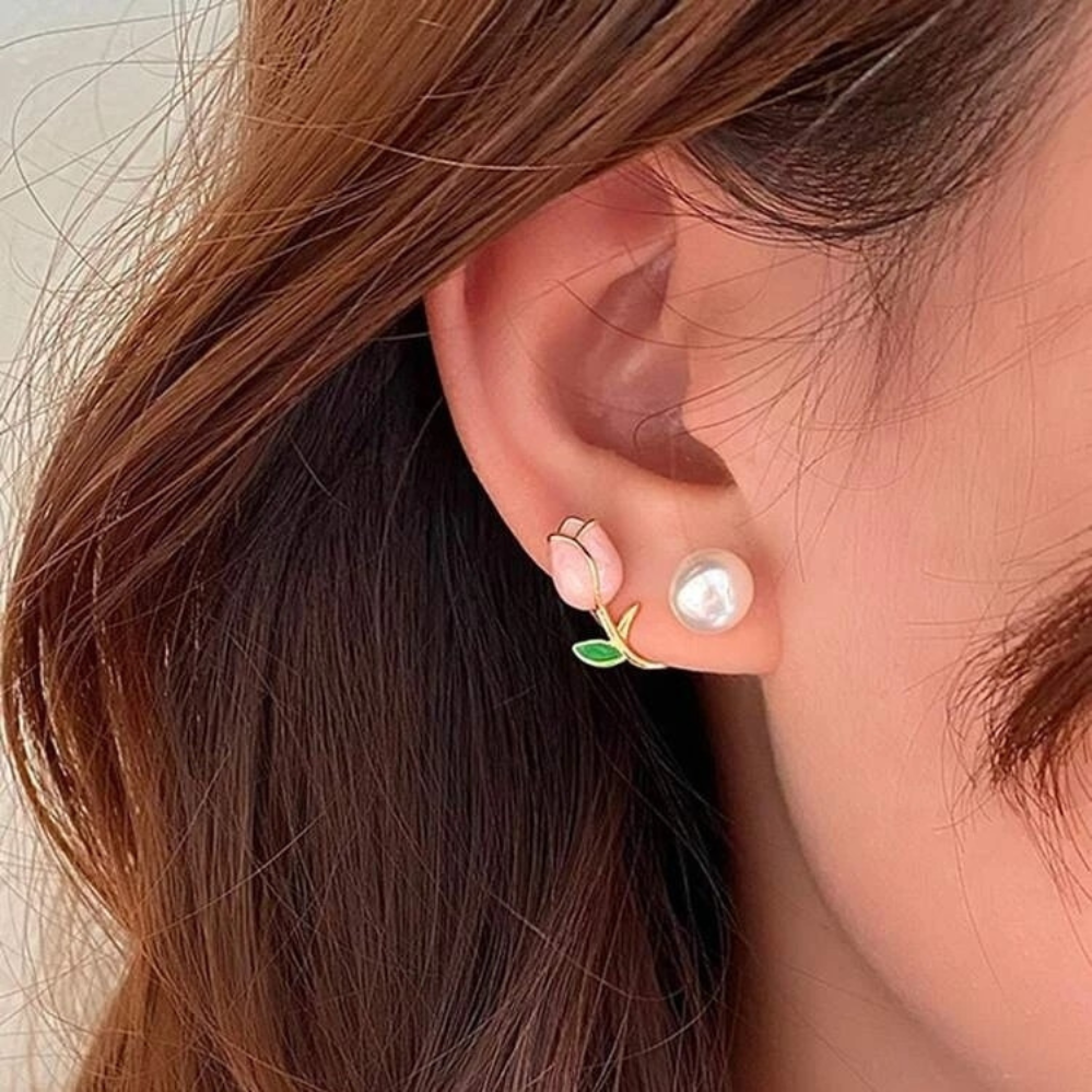 Pendientes de perlas de tulipanes - Pendientes de perlas de flores violetas