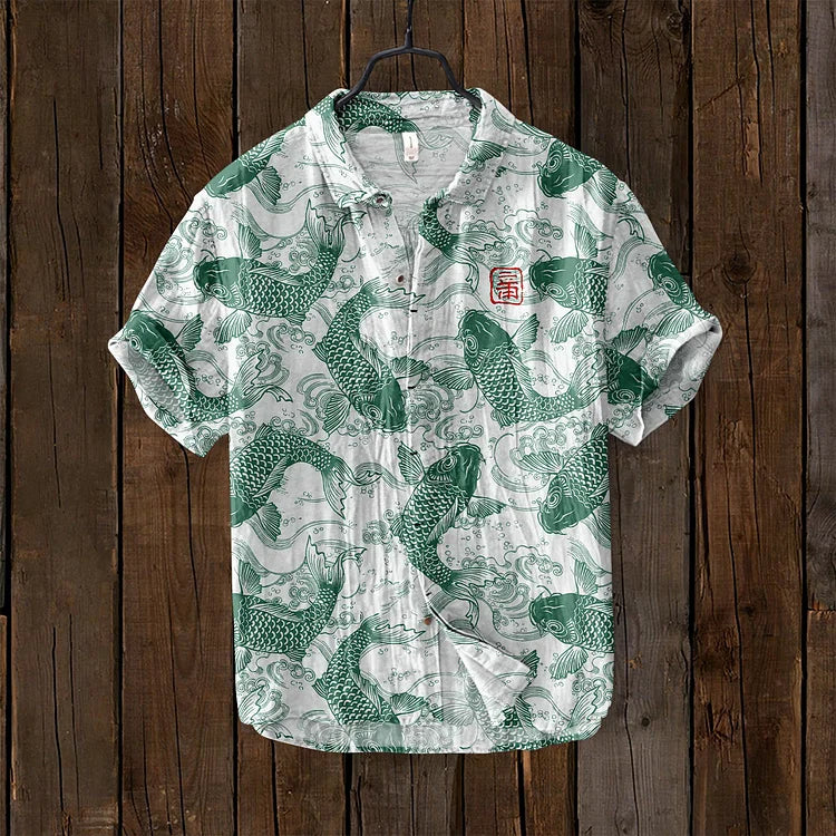 Ogie - Camisa Casual con Diseño Artístico de Peces para Hombre