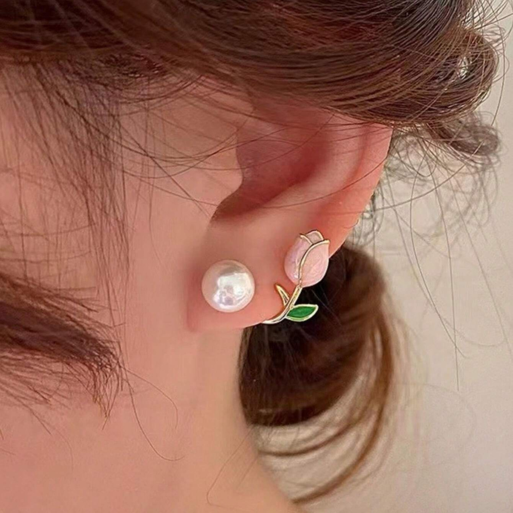 Pendientes de perlas de tulipanes - Pendientes de perlas de flores violetas