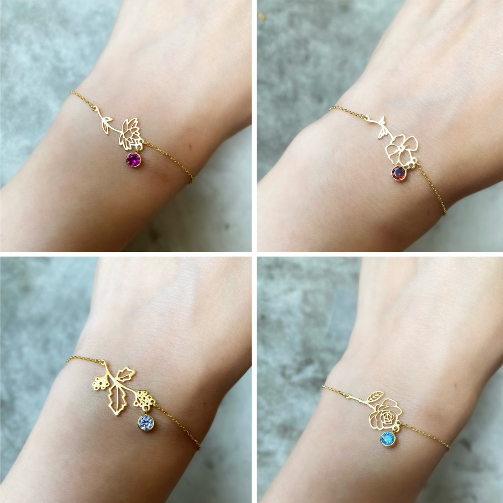 Pulsera de Flor de Cumpleaños - Pulsera con Piedra de Nacimiento y Flor