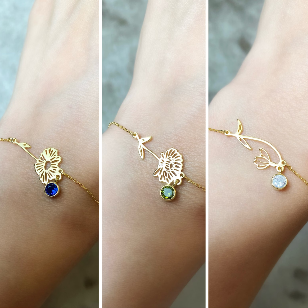 Pulsera de Flor de Cumpleaños - Pulsera con Piedra de Nacimiento y Flor