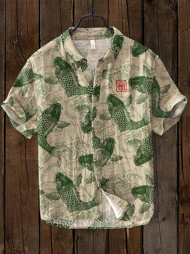 Ogie - Camisa Casual con Diseño Artístico de Peces para Hombre