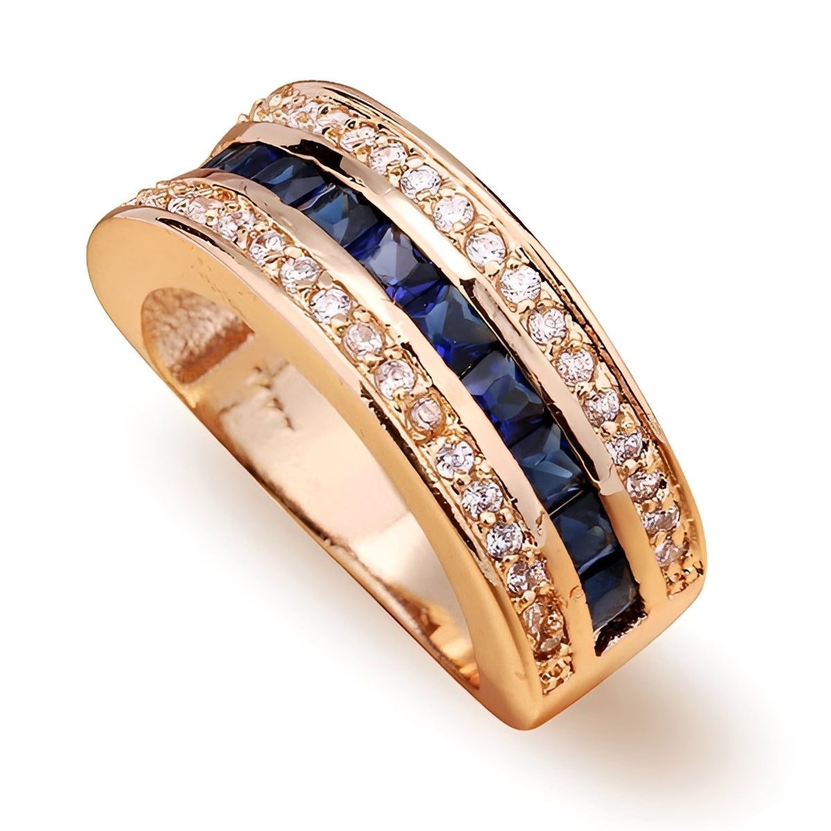 Ronan – Anillo de hombre cuadrado con cristales y zafiro dorado