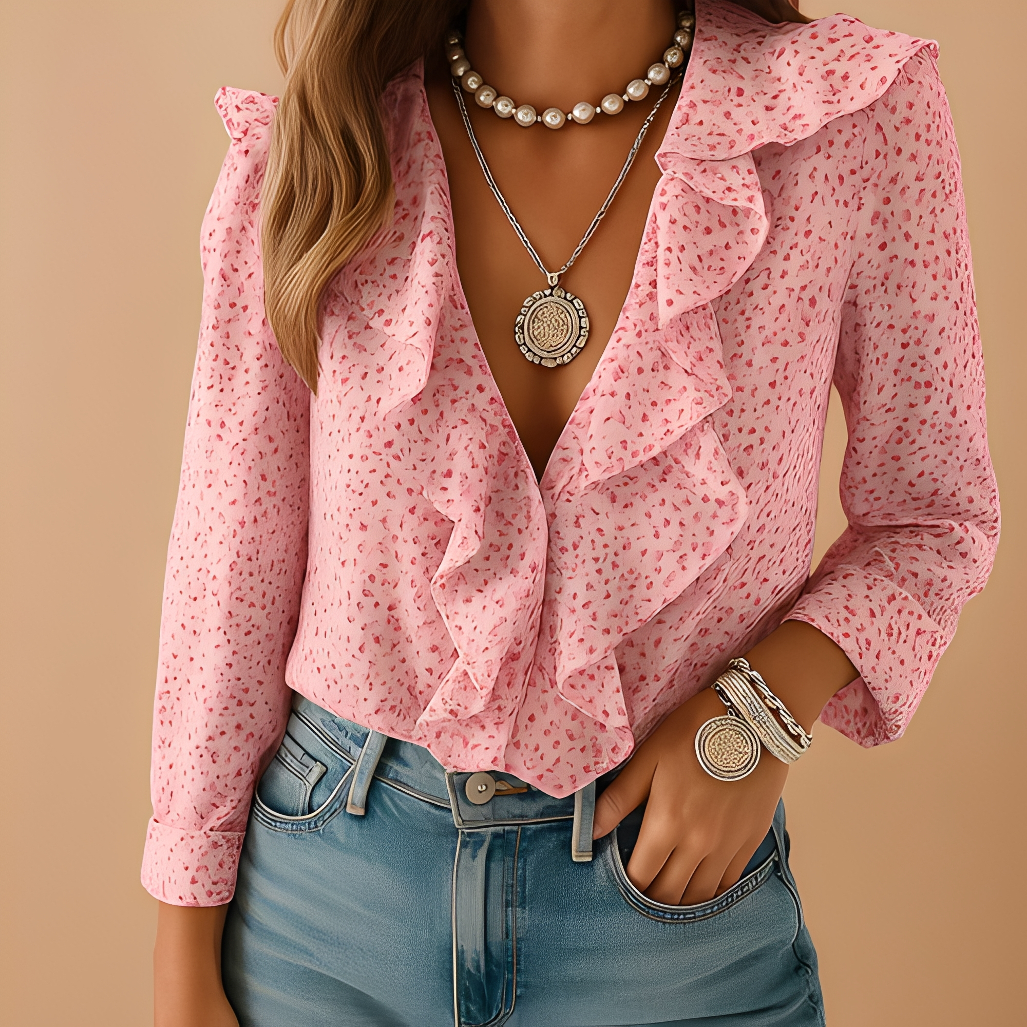 Aleida - Blusa elegante para damas con mangas largas y volantes
