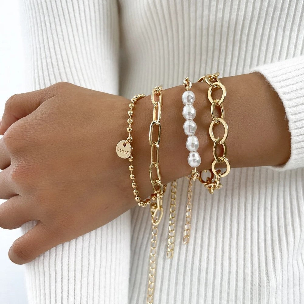 Conjunto de pulsera de perlas doradas de 3 piezas - gran juego de cadenas